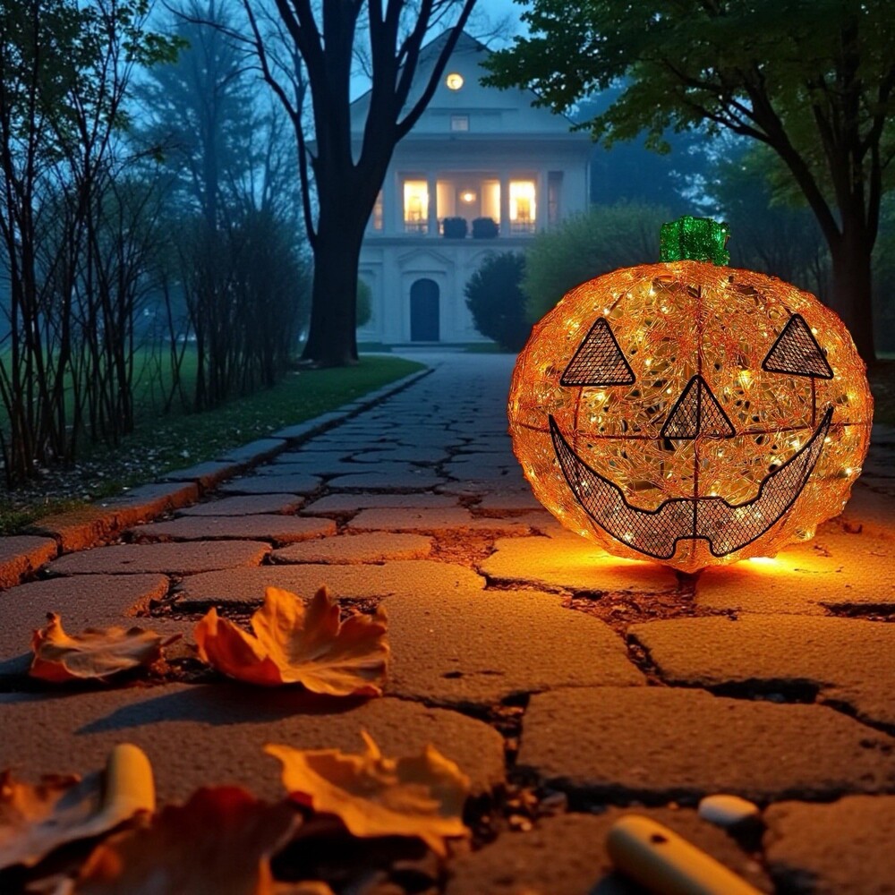 Jack-O-Lantern Lights Halloween In/Outdoor Spun Spaghetti Spooky Pumpkin 15” VTG